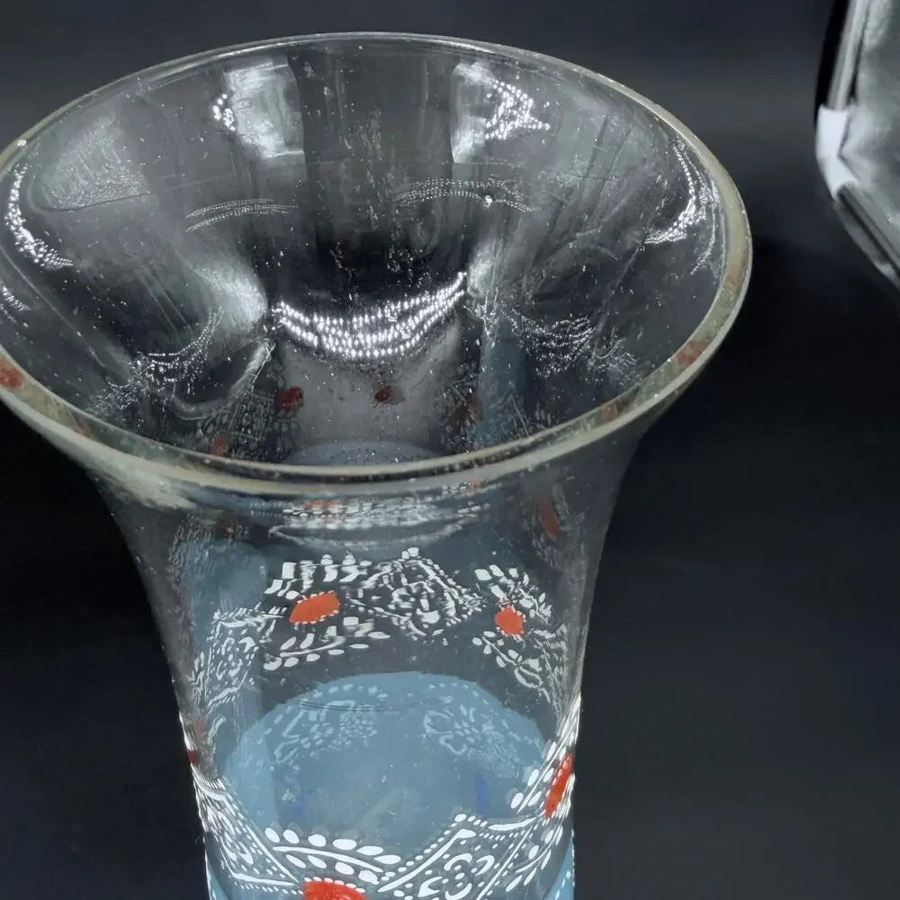 Elegant Vintage Light Blue Frosted Painted Glass Vases Set White Red Floral